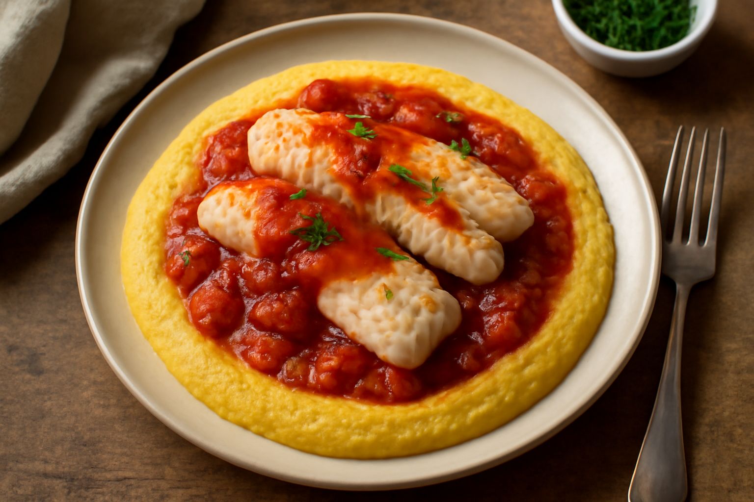 Filetti di merluzzo bianco e tenero adagiati su un letto di polenta gialla cremosa, bagnati in salsa pomodoro rosso acceso con cipolla, aglio e prezzemolo fresco verde, serviti in piatto bianco