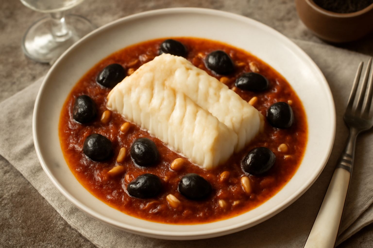 Filetto di merluzzo bianco in salsa rossa di pomodoro con olive nere e pinoli, impiattato in un piatto fondo bianco con prezzemolo fresco