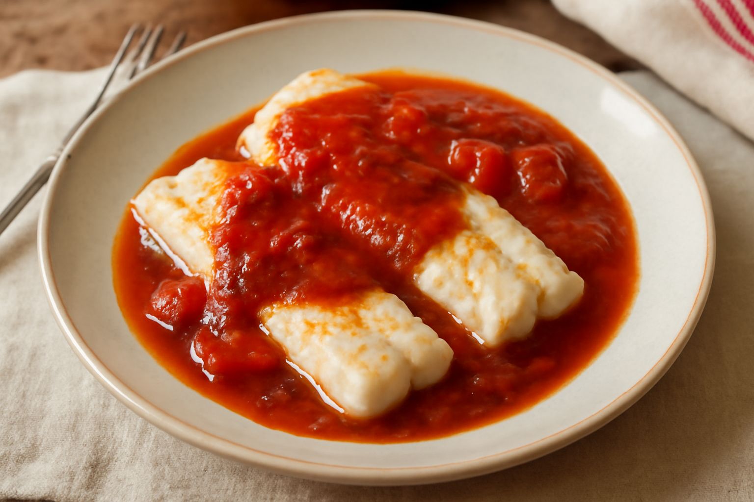 Filetti di merluzzo bianco in salsa rossa con acciughe disciolte, pomodori rossi e prezzemolo fresco, servito in piatto bianco con contorno di riso o polenta accanto