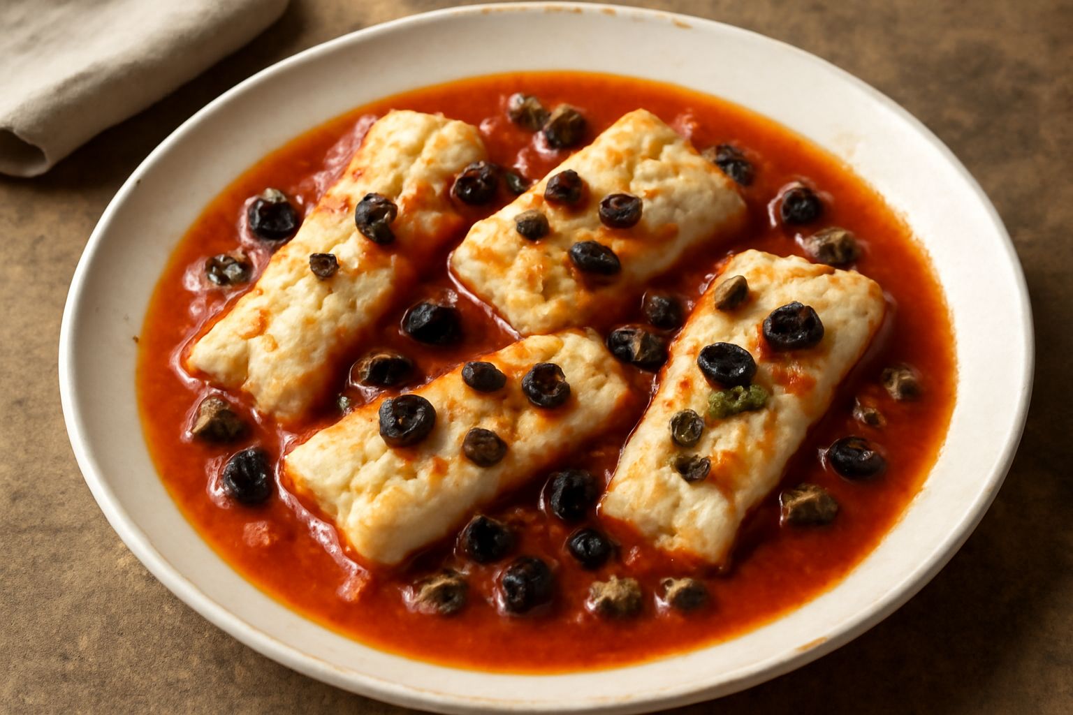 Filetti di merluzzo bianco in salsa di pomodoro con olive nere e capperi, serviti in un piatto di ceramica bianca, con fette di limone giallo e prezzemolo fresco