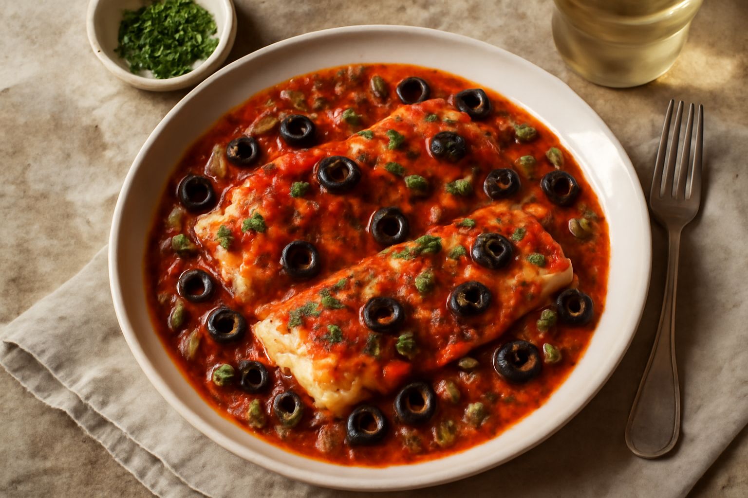Filetti di merluzzo cotti al forno in una teglia bianca, ricoperti di pomodoro rosso, olive nere tagliate e capperi verdi, con prezzemolo fresco sopra, contorno di pane toscano