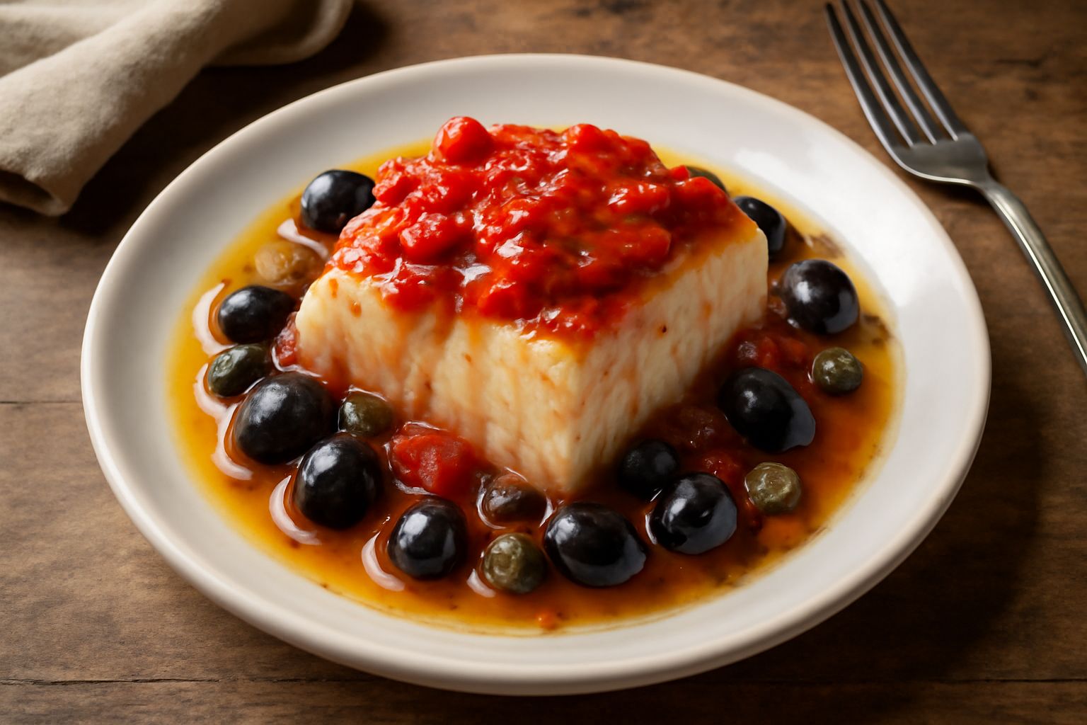 Filetto di merluzzo bianco con salsa rossa di pomodori, olive nere intere e capperi disseminati sopra, olio lucido in superficie, servito in piatto bianco con contorno di verdure verdi