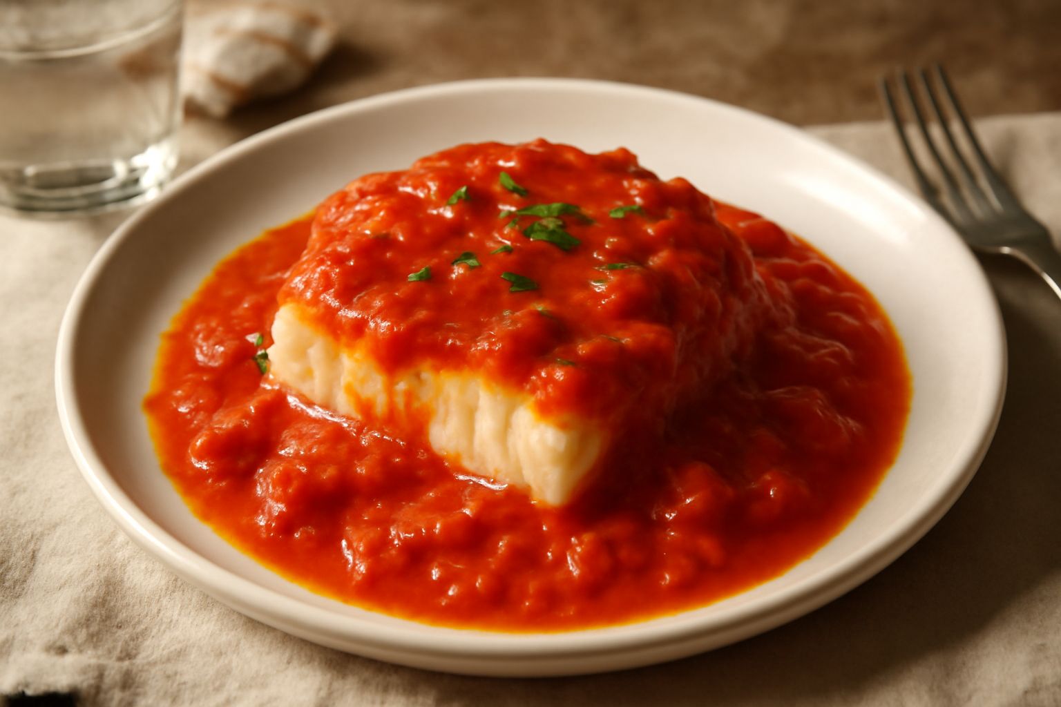 Filetto di merluzzo bianco su un piatto di ceramica bianca, ricoperto da una salsa rosso acceso fatta di pomodori, con una foglia di basilico fresco verde e gocce di olio d'oliva, contornato da pomodo