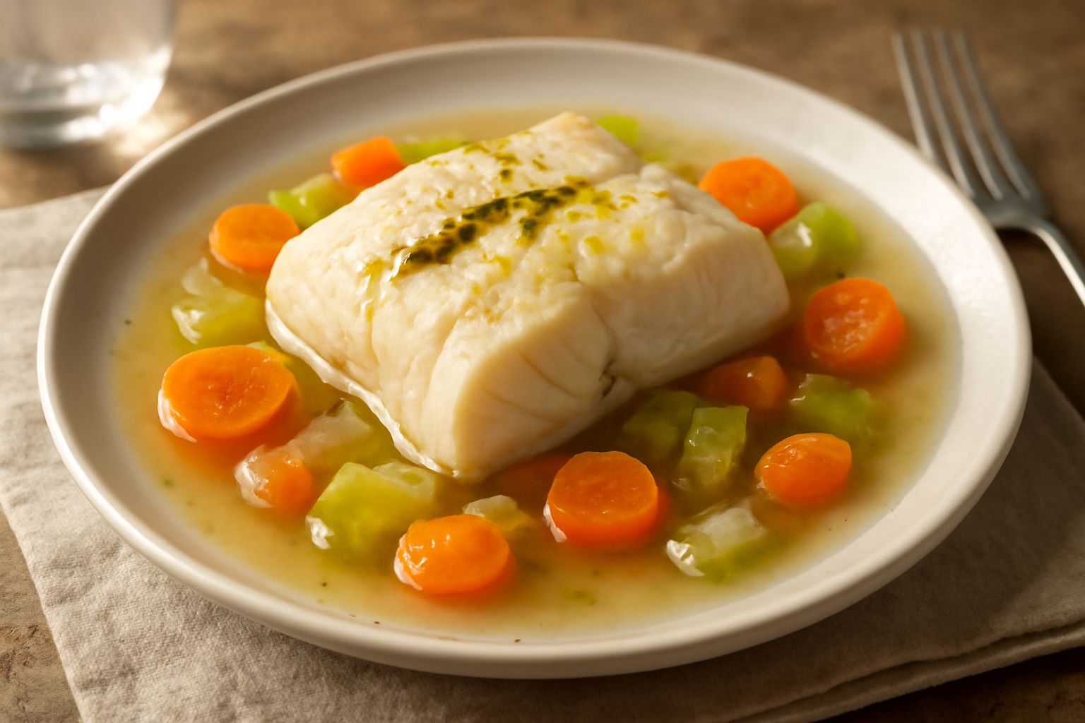Filetto di merluzzo bianco bollito nel piatto, contornato da brodo trasparente, fettine di carota arancione e sedano, condito con olio d'oliva dorato e spicchi di limone fresco