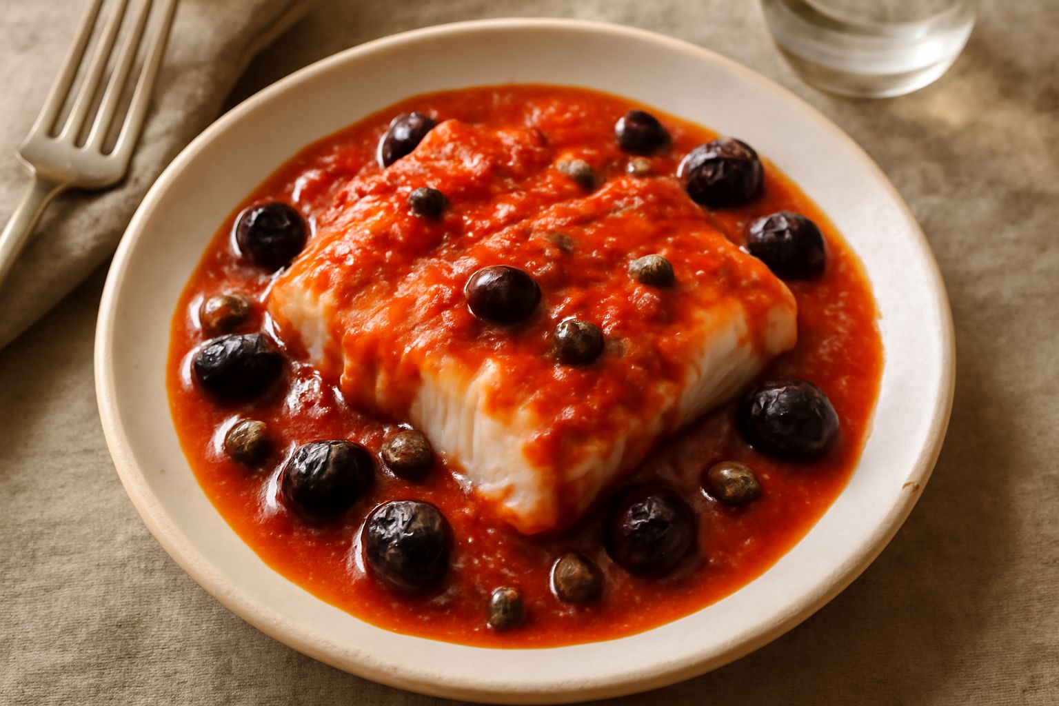 Filetti di merluzzo dorato in umido dentro un piatto fondo bianco, ricoperti di salsa rossa di pomodoro con olive verdi e nere, guarniti con prezzemolo fresco, contorno di contorno di pane tostato al 