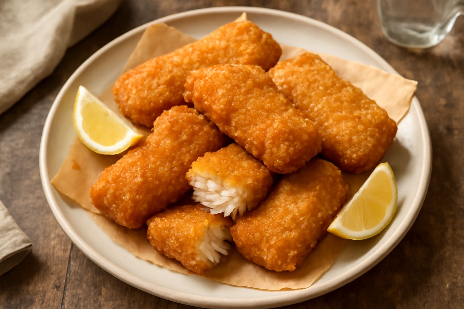 Filetti di merluzzo fritti dorati e croccanti disposti su carta assorbente bianca, con una guarnizione di limone fresco tagliato a spicchi e prezzemolo verde