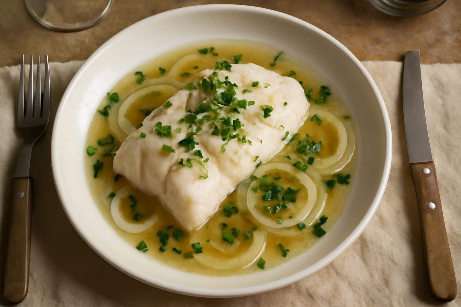 Filetto di merluzzo bianco e opaco appoggiato in un piatto fondo con brodo trasparente e cipolla morbida, decorato con prezzemolo verde fresco