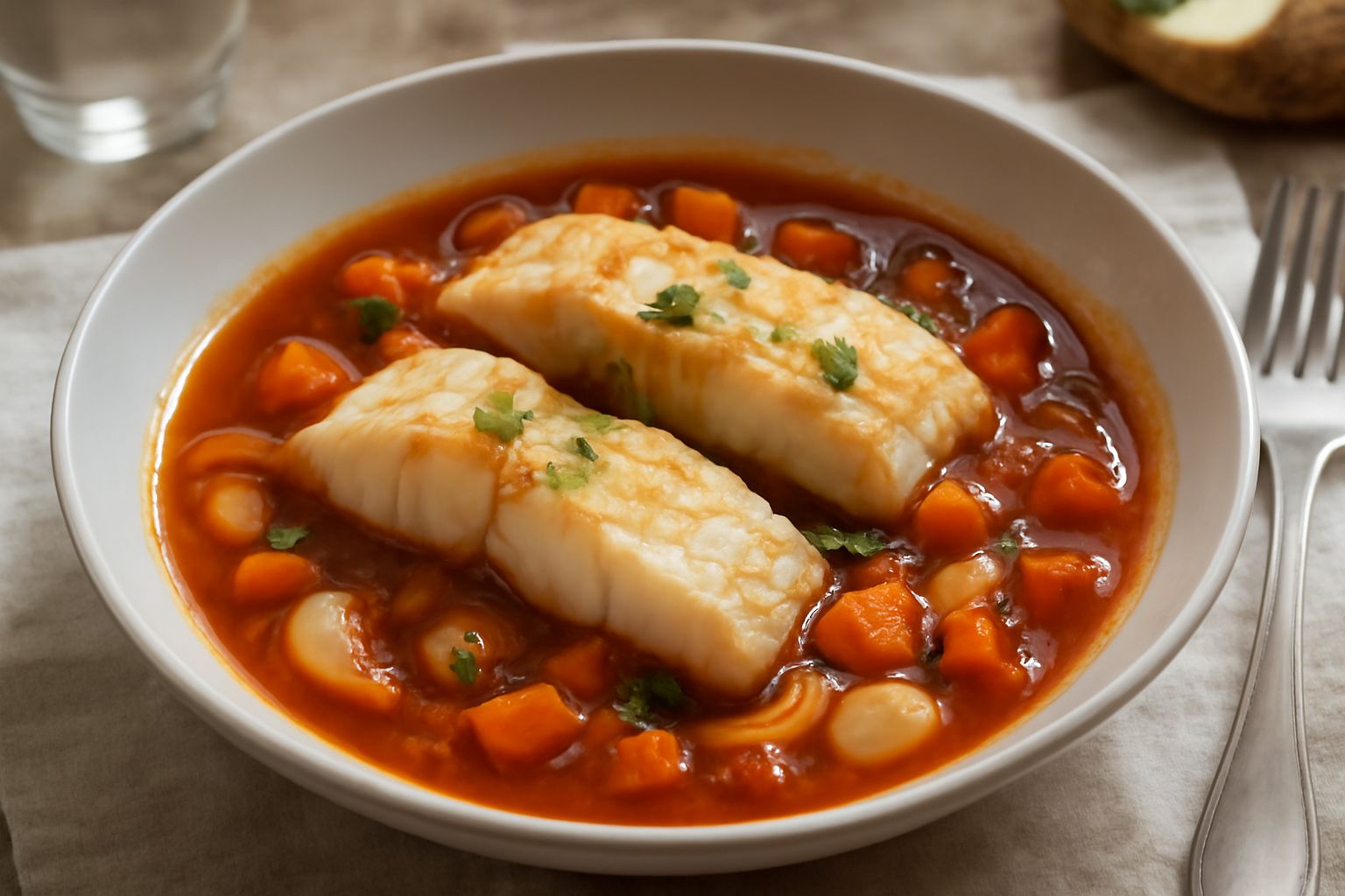 Piatto fondo con merluzzo bianco e sfaldato in brodo rosso di pomodoro, contornato da verdure morbide, cipolla e prezzemolo fresco verde, servito in ceramica bianca con cucchiaio di legno