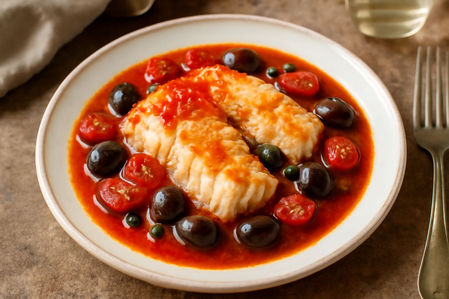 Merluzzo in umido servito in piatto bianco fondo, filetti bianchi e delicati ricoperti di sugo rosso intenso con pomodorini, olive nere e capperi sparsi in superficie, contorno di prezzemolo fresco ve