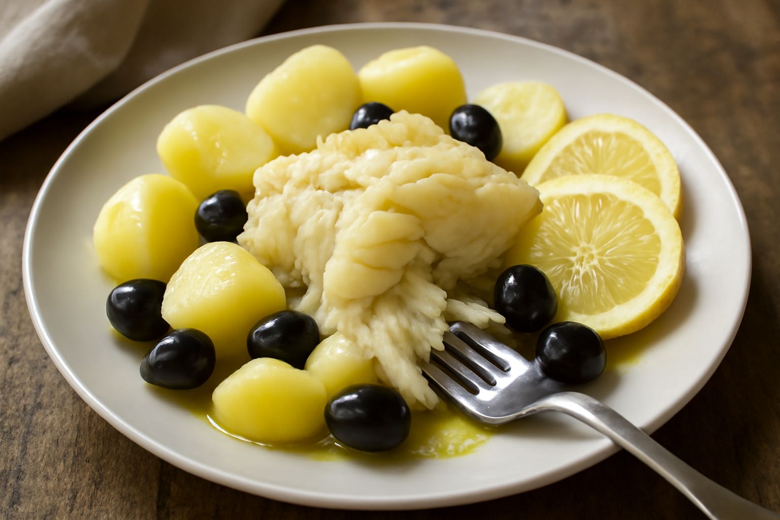 Merluzzo salato cotto in padella con patate crema e morbide, olive nere, pomodorini freschi, spolverate di prezzemolo verde, olio d'oliva e limone fresco attorno