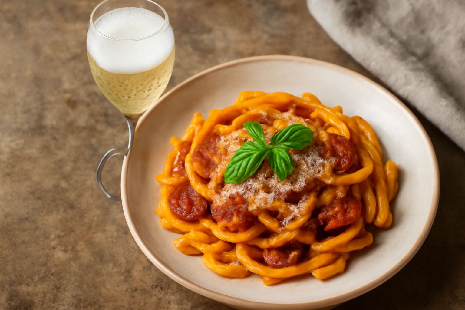 Bottiglia di spumante Metodo Classico piacentino con etichetta su tavolo di legno, bicchiere cristallo trasparente contenente spumante con bollicine fini ascendenti, sfondo sfumato grigio neutro