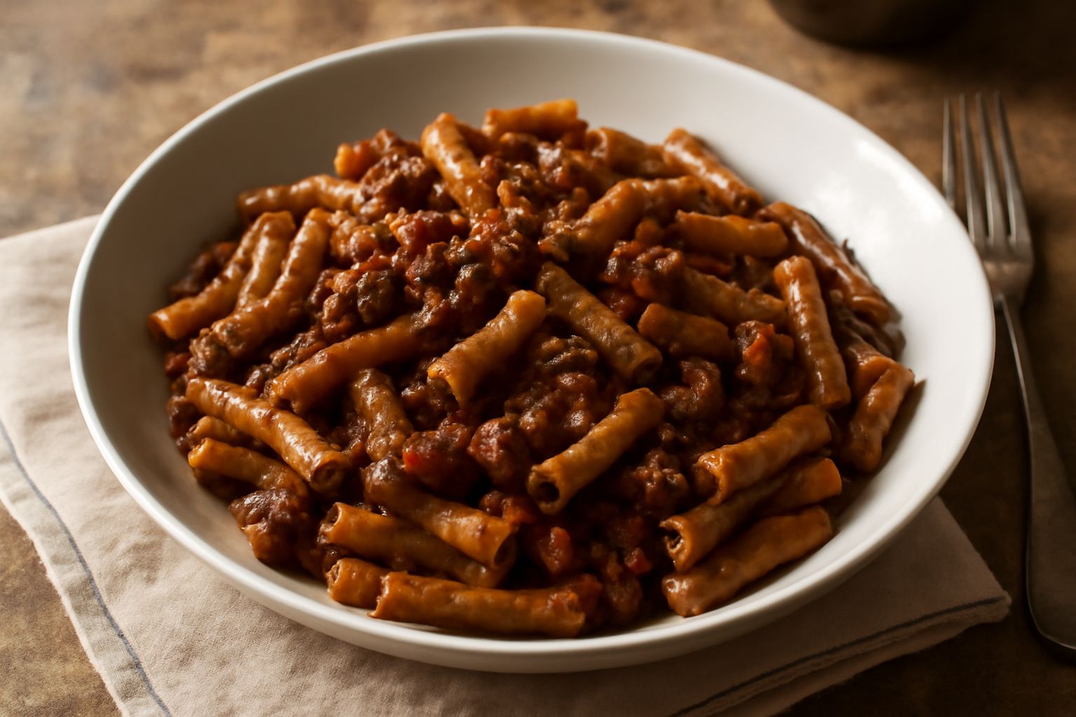 Piatto bianco di mezzani al ragù con sugo scuro e pezzetti di carne visibili, formaggio grattugiato sopra, forchetta d'argento di lato