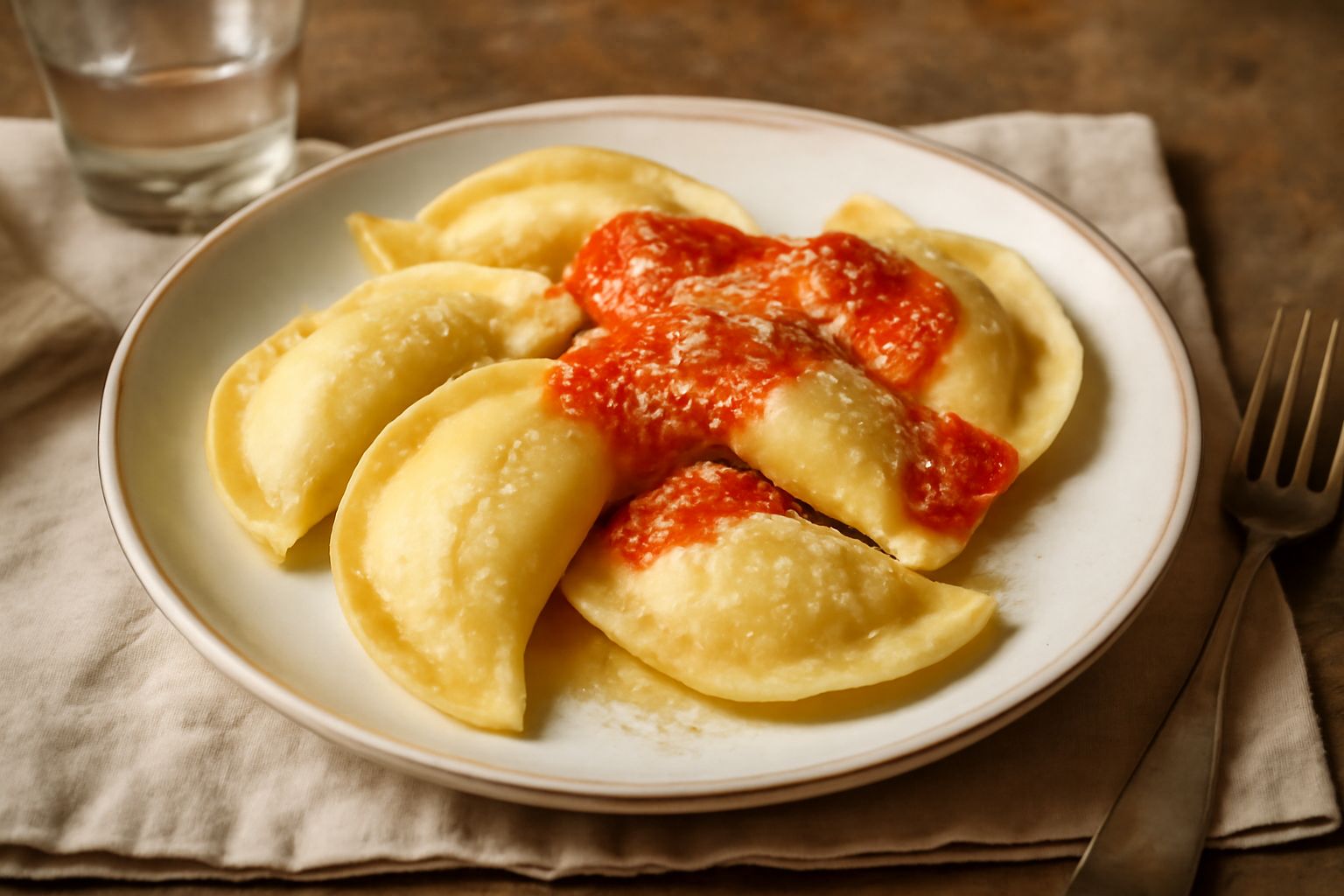 Piatto di mezzelune dorate ripiene di ricotta e spinaci, appoggiate su salsa di pomodoro o burro fuso, cosparse di parmigiano grattugiato gratuggiato, servite in piatto bianco con un rametto di basili