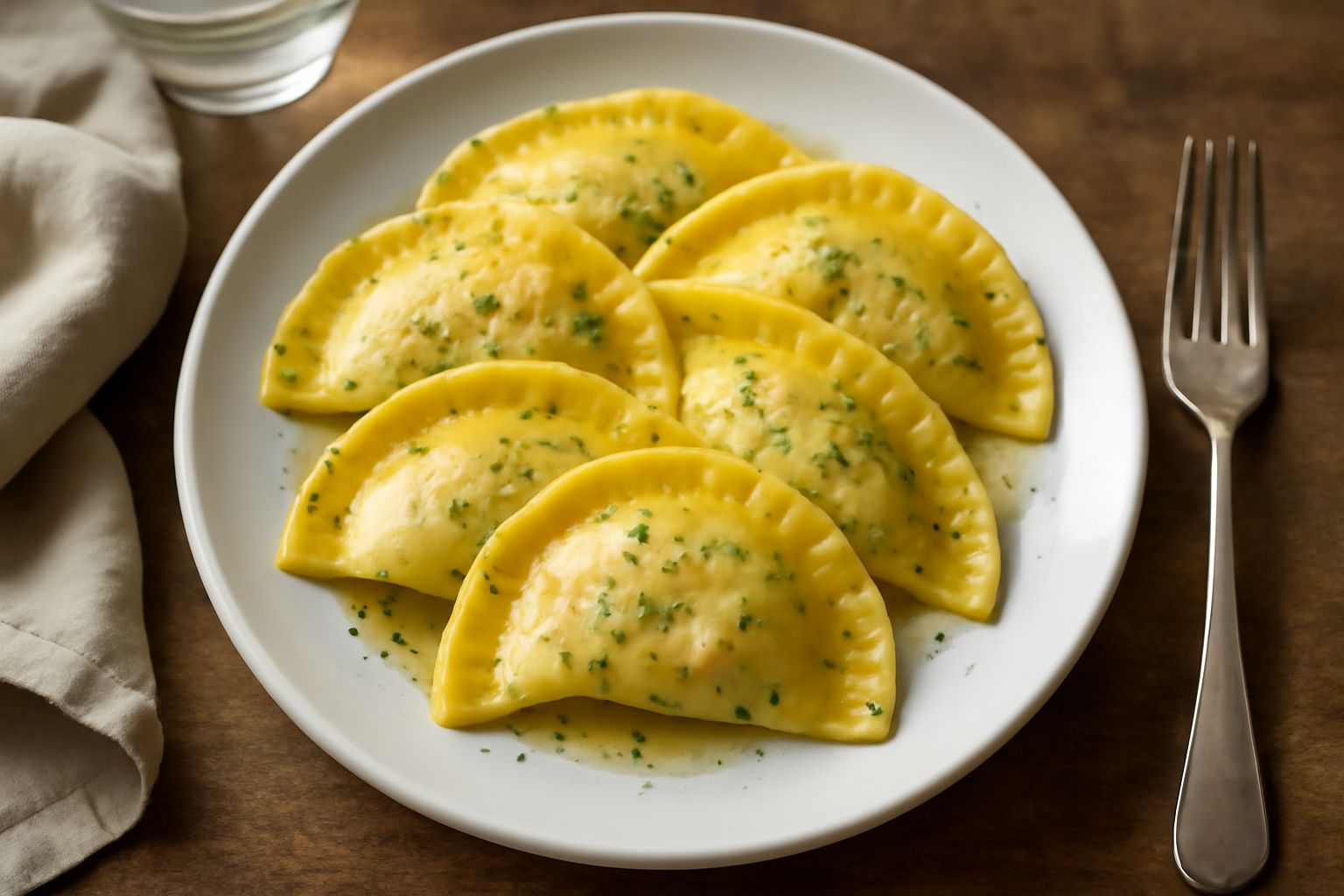 Tre mezzelune di pasta fresca giallo oro piegate a semicerchio, servite in un piatto bianco con filo d'olio extravergine, fette di limone fresco e prezzemolo verde