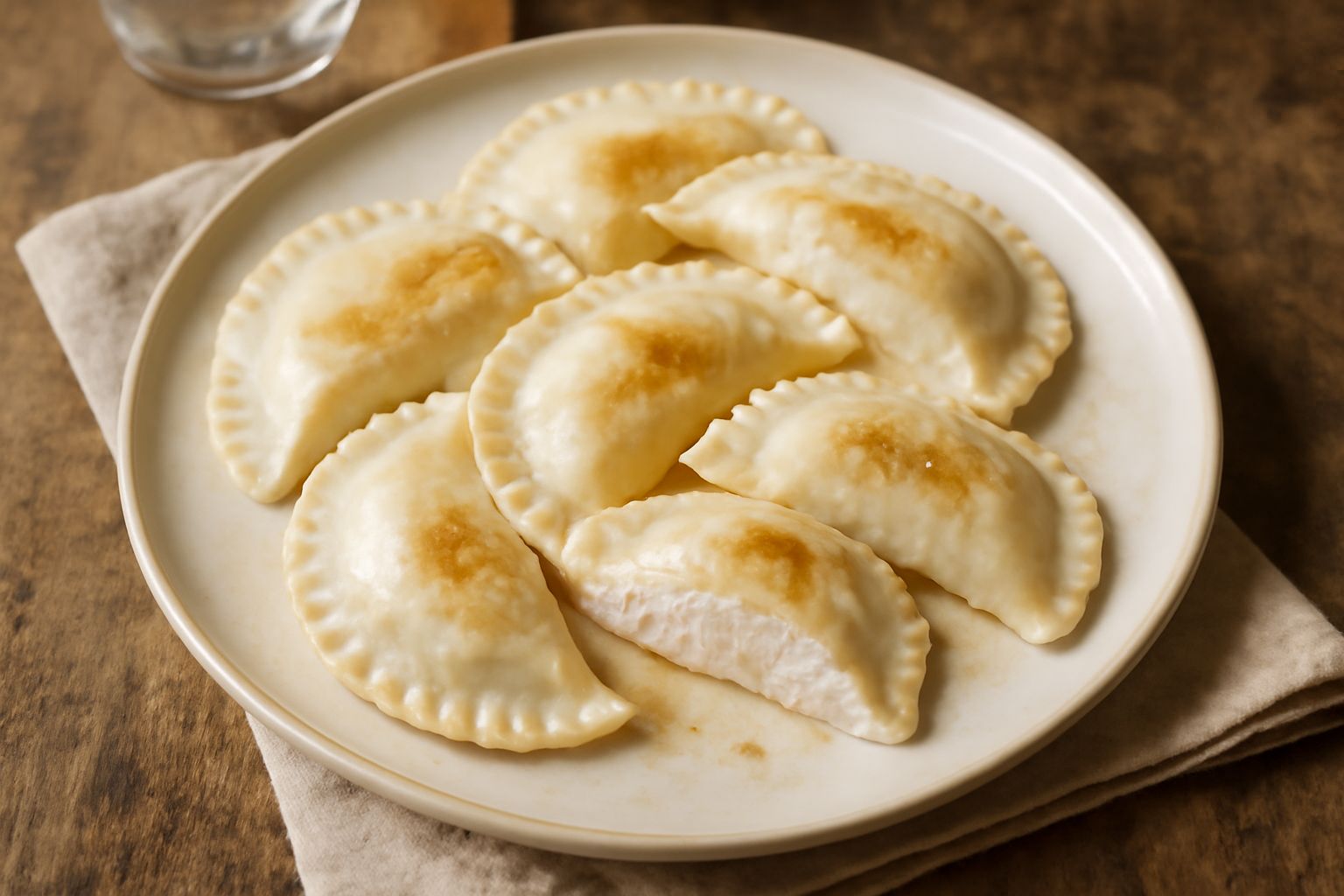 Mezzelune di ricotta ripiene disposte in un piatto bianco, con leggera doratura, accompagnate da una piccola ciotola di burro fuso e erba cipollina fresca, sfondo neutro