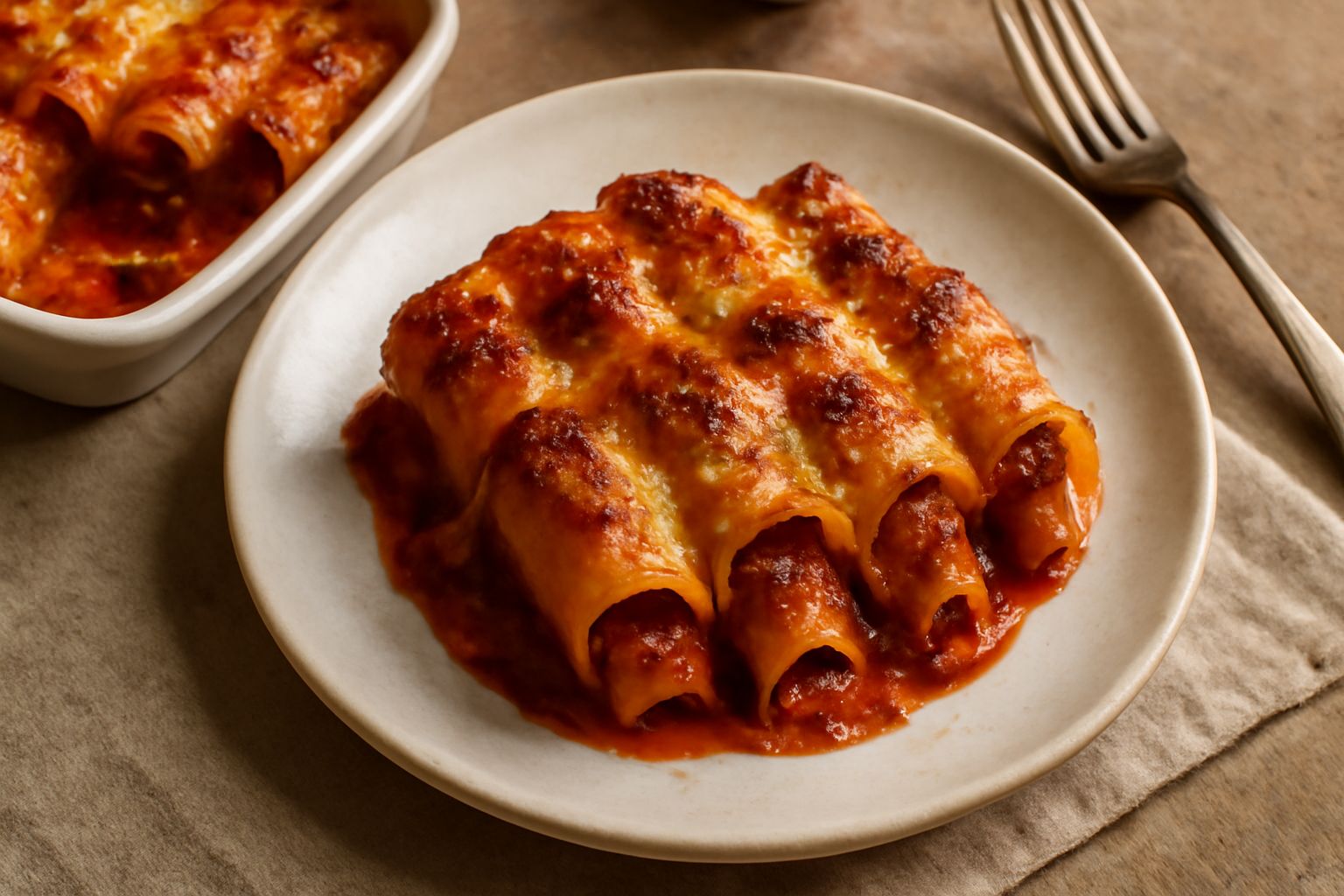 Mezzemaniche ripiene dorate e gratinate in una pirofila di ceramica bianca, ricoperte di formaggio fuso, ragù rosso visibile all'interno dei tubetti, contorno di salsa al pomodoro.