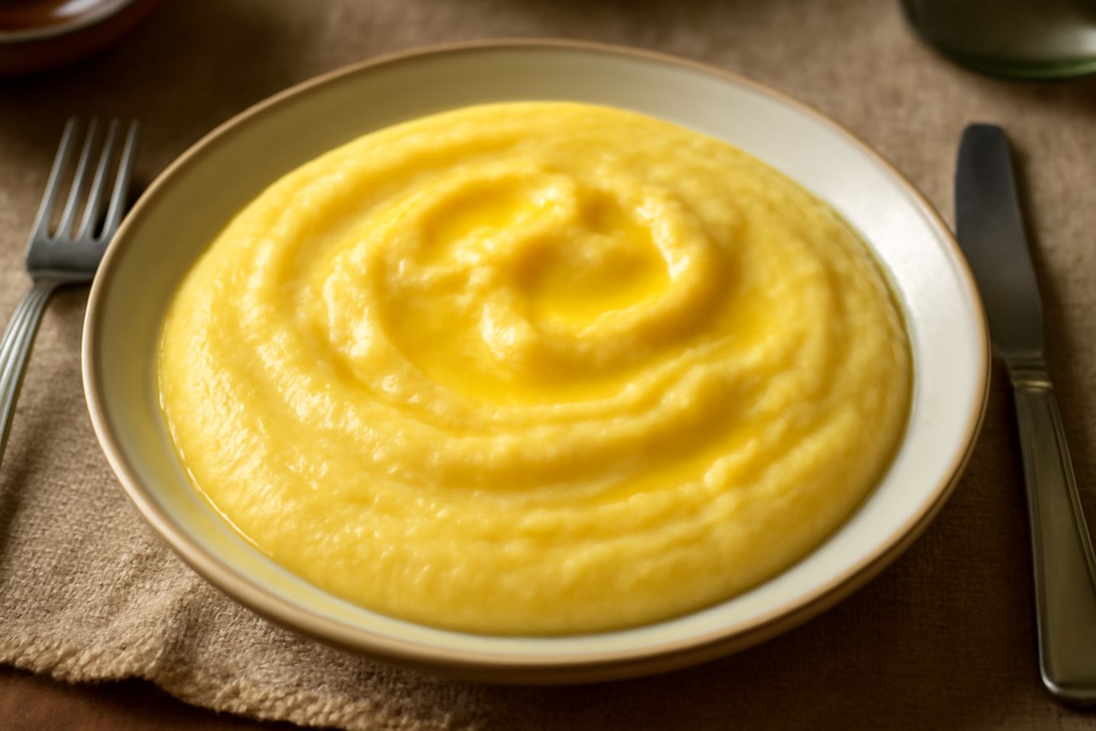 Una ciotola di miassa cremosa color giallo oro, fumante, con un filo di burro sciolto al centro e una spolverata di cannella, servita in piatto bianco fondo