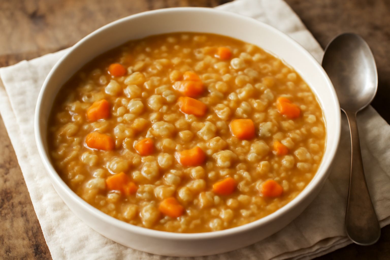 Una ciotola di ceramica bianca con mica fumante: minestra d'orzo color nocciola con pezzi visibili di carota arancione, sedano verde pallido e prezzemolo fresco sminuzzato in superficie, servita con c