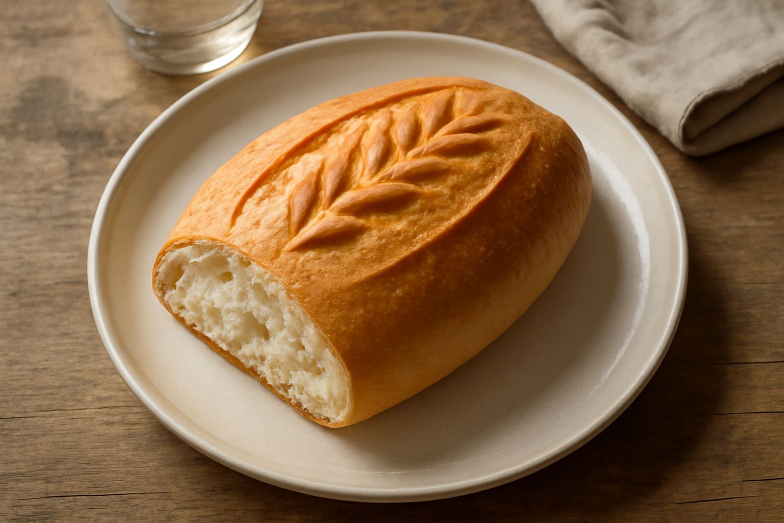 Pane di mica dorato e croccante tagliato a metà su un piatto bianco, con la mollica color panna visibile e superficie bruita, accanto a un coltello di legno