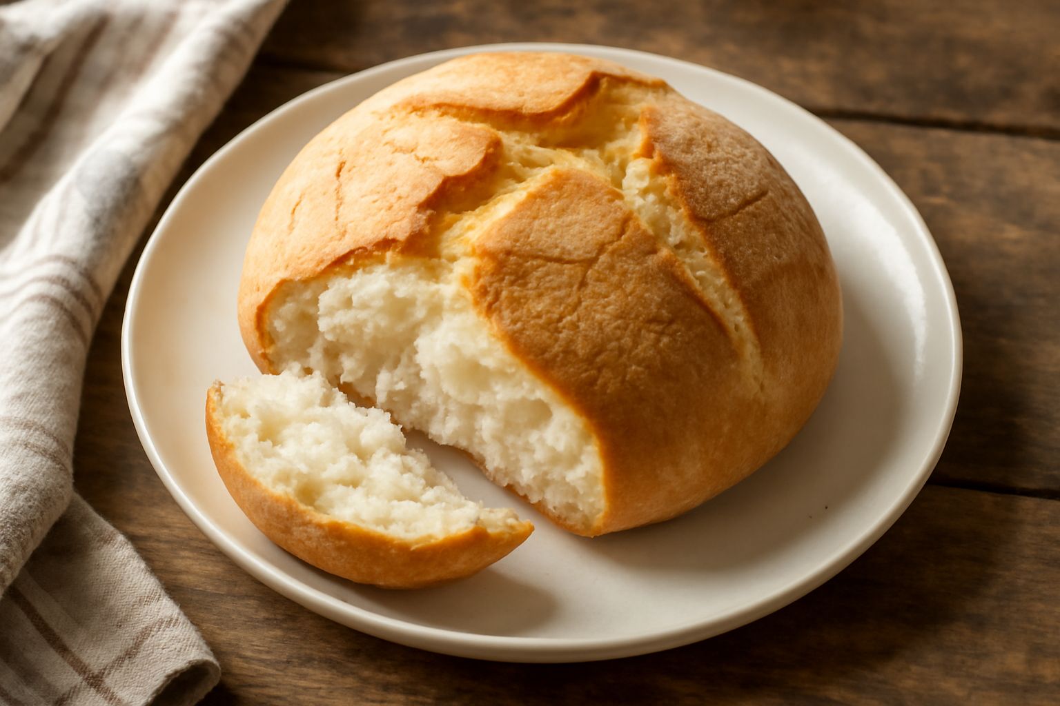 Tre pani tondi color dorato-marrone con crosta croccante e caratteristiche screpolature sulla sommità, disposti su una superficie in legno