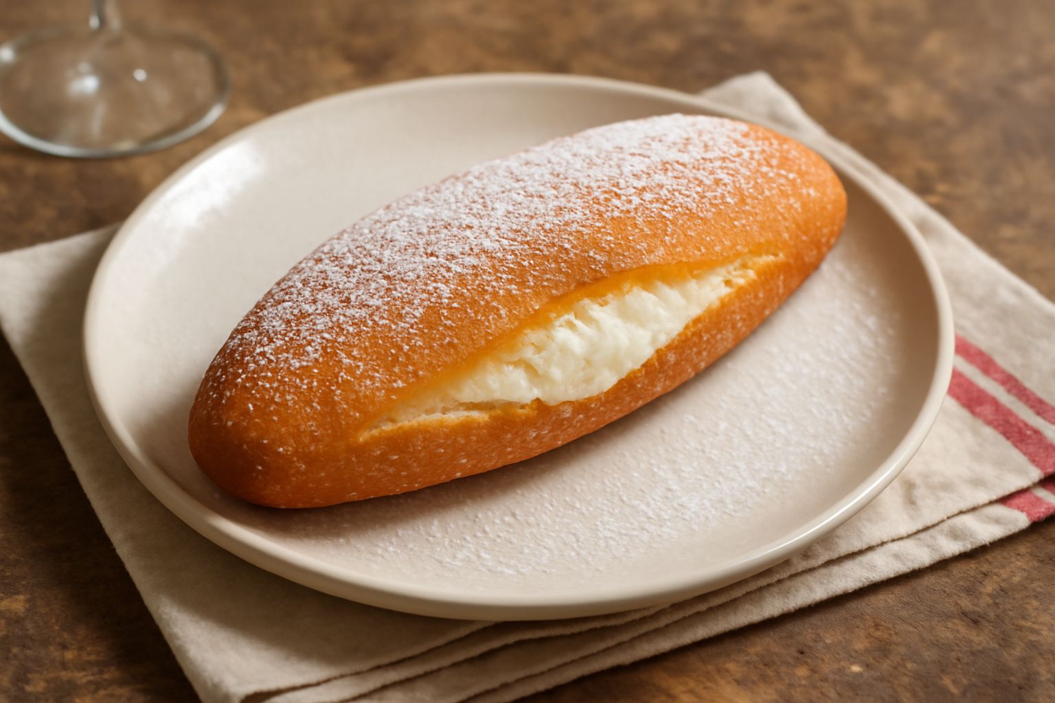 Micconi dorati e croccanti disposti su un piatto bianco, cosparsi di zucchero a velo, con ricotta cremosa visibile dalla spaccatura al taglio