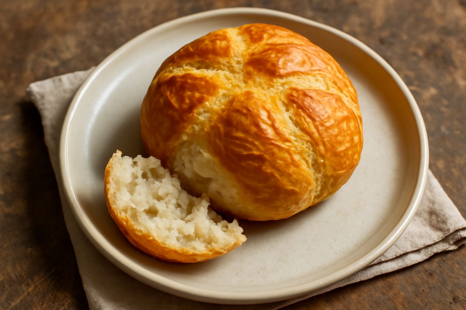 Tre michette bergamasche dorate e croccanti su fondo bianco, dalla forma tondeggiante regolare con sfogliatura visibile sulla crosta, poggiate su carta da forno
