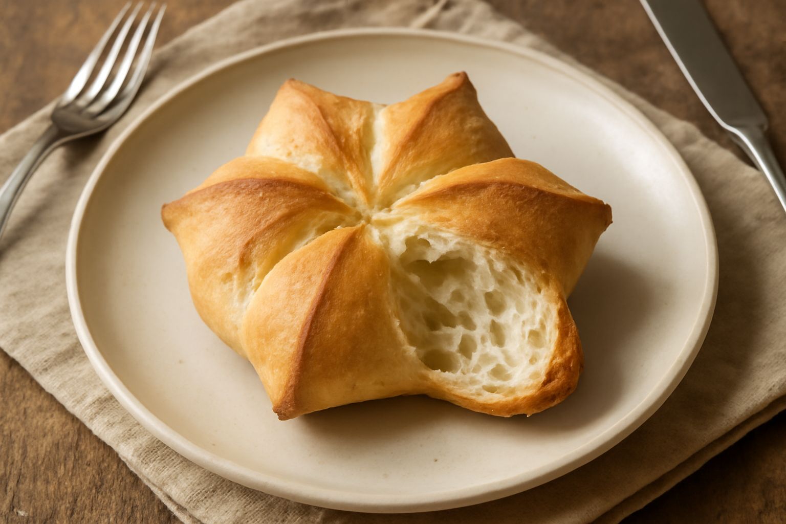 Michette fiorentine dorate e croccanti a forma di stella, disposte su una superficie di legno, con la caratteristica forma con punte evidenti e interno bianco alveolato visibile da una sezione tagliat