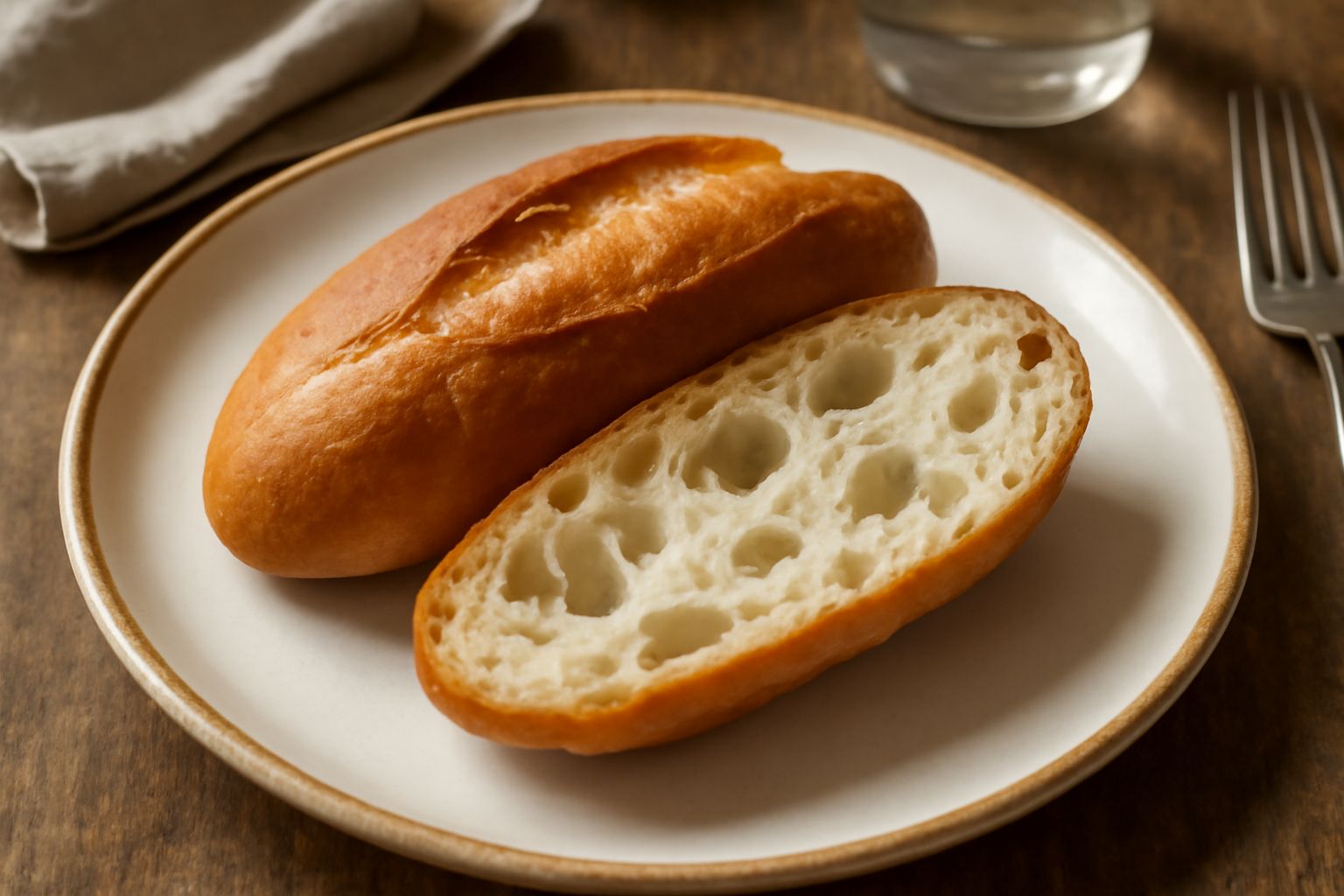 Michetta friulana appena sfornata, di colore dorato, con crosta croccante e grandi alveoli visibili dal taglio, posata su carta bianca su tavolo di legno