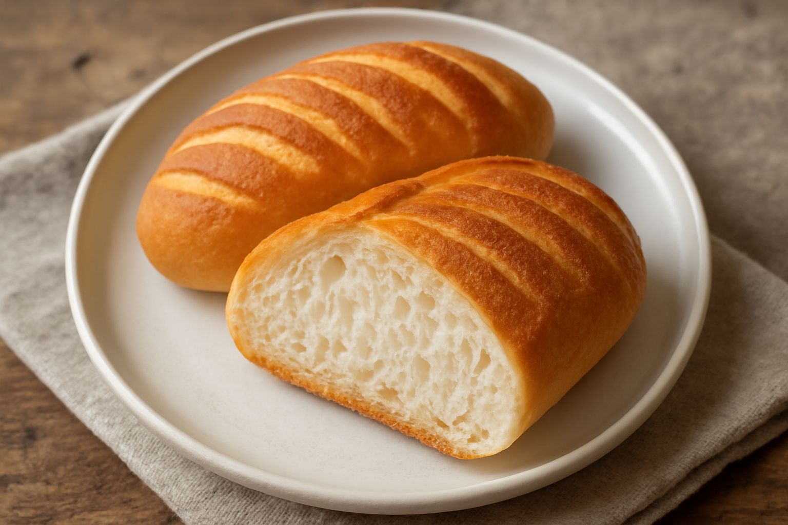 Tre michette modenesi dorate e croccanti, tagliate a metà, su un tavolo di legno. Si vede la crosta marrone scuro brillante e la mollica bianca con alveoli ben distribuiti. Una michetta intera con for