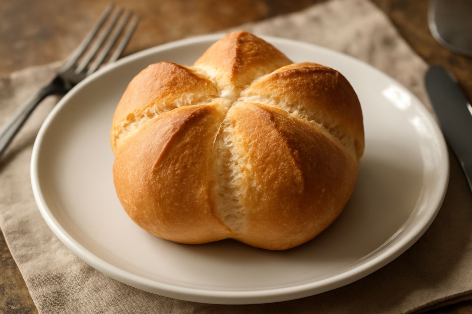 Michetta pavese dorata a forma di stella con crosta croccante, posta su un tavolo di legno con una ciotola di acqua e qualche chicco di grano accanto