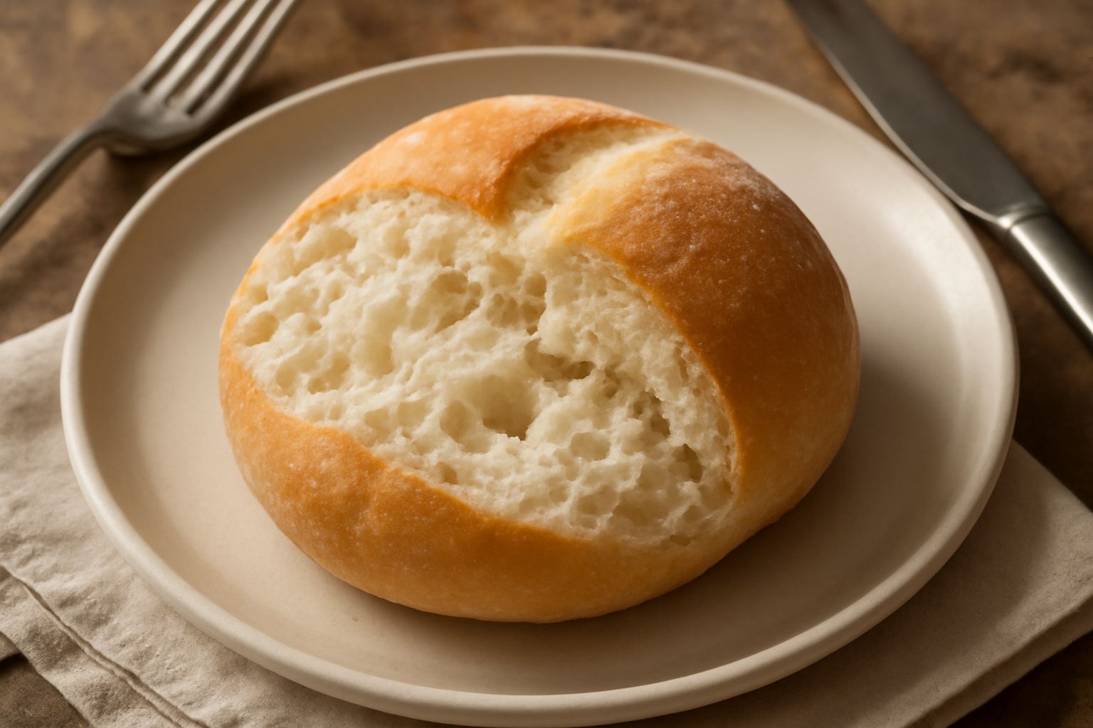 Quattro michette reggiane rotonde e dorate poggiate su una tavola di legno, tagliate a metà mostrando la miga bianca e molto alveolata all interno