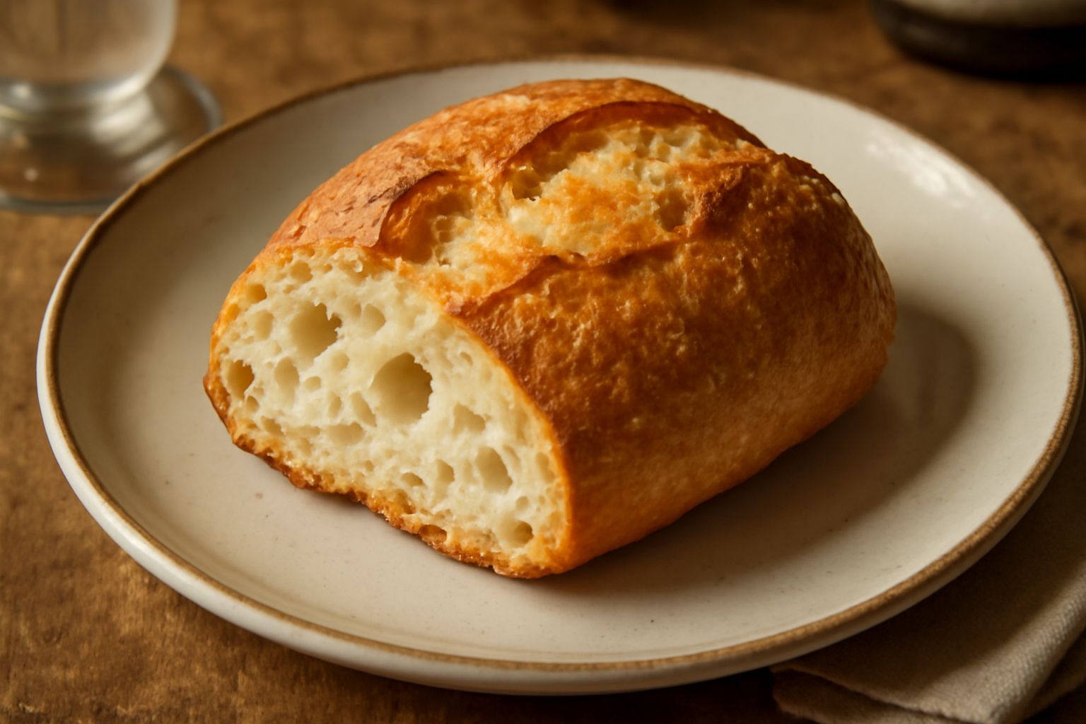 Michetta toscana dorata appena sfornata, dalla crosta croccante e irregolare, con spaccature sulla superficie e mollica bianca visibile nel taglio trasversale, posata su un telo di lino