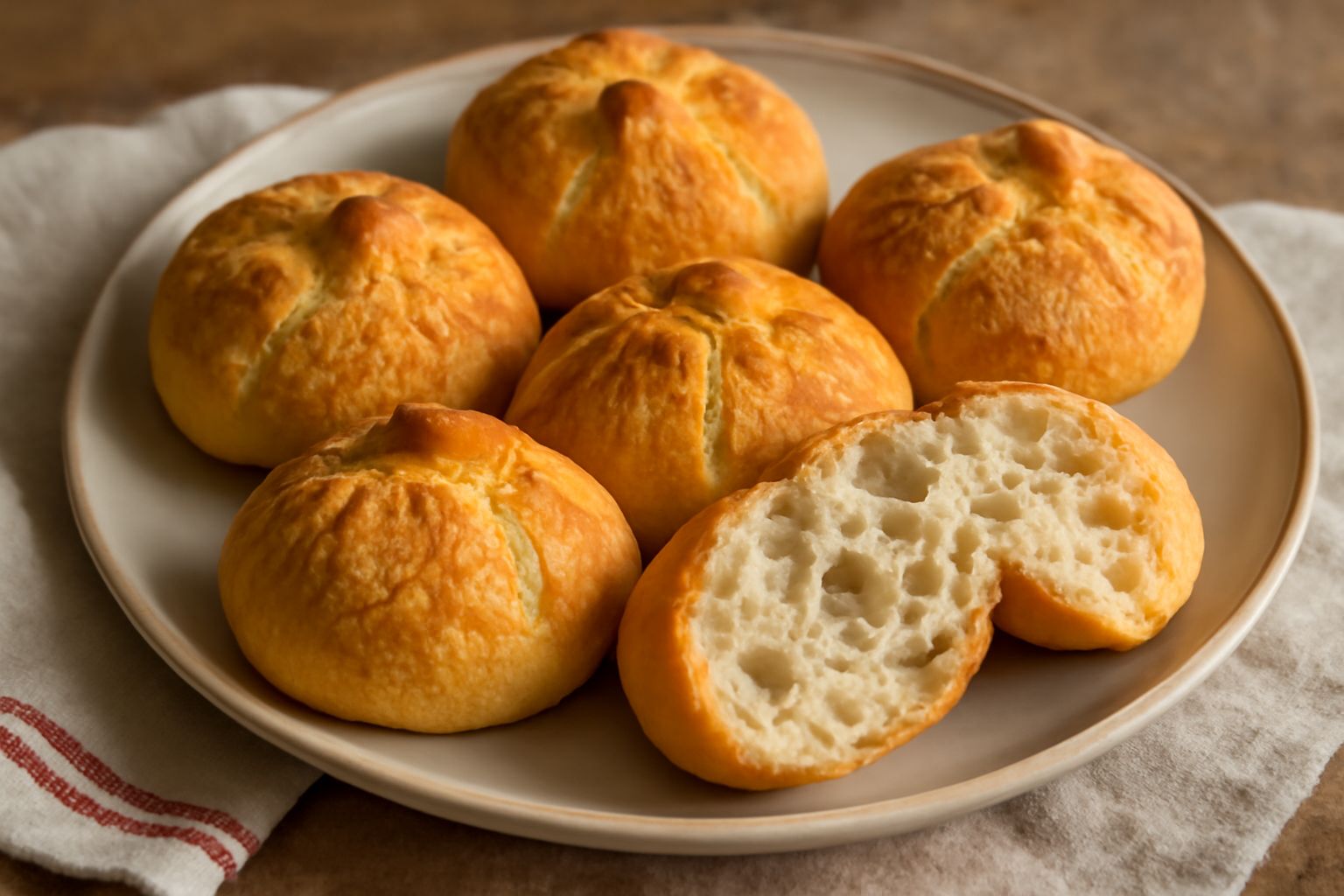 Quattro michette dorate con crosta croccante e screpolature, poggiate su una superficie bianca, con miga bianca e alveolata visibile da un taglio laterale, ancora vapore appena sfornate