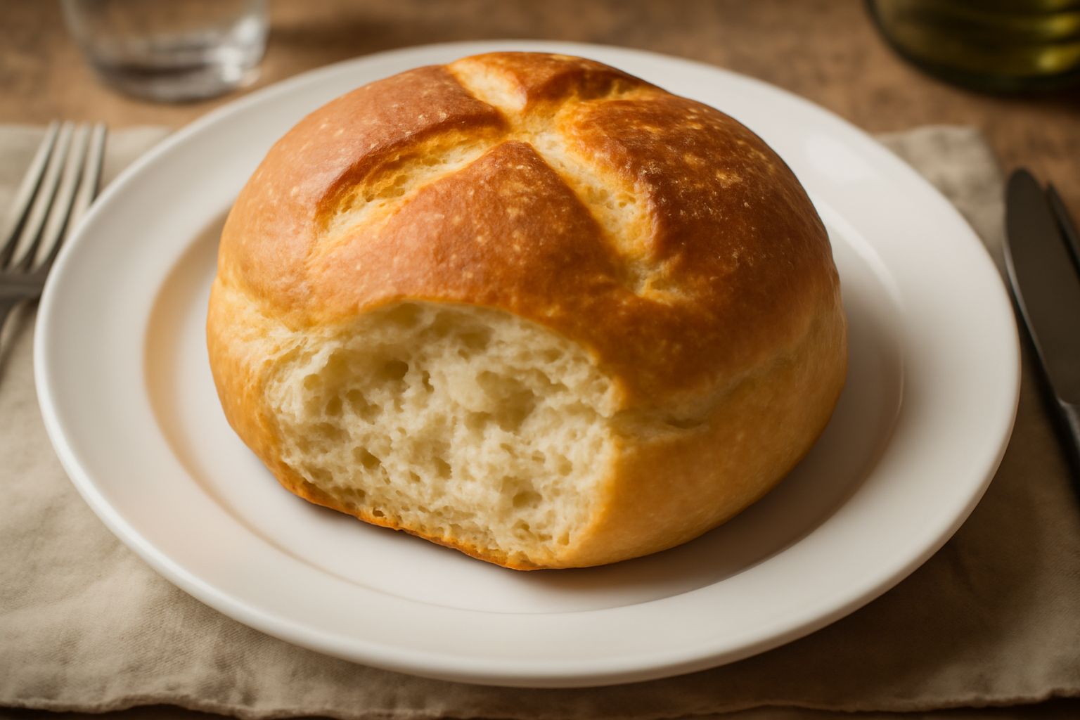 Michettone appena sfornato, rotondo e dorato, con crosta croccante e screpolature tipiche, affettato in due metà che mostrano la miga bianca e soffice all'interno, posato su un tavolo di legno