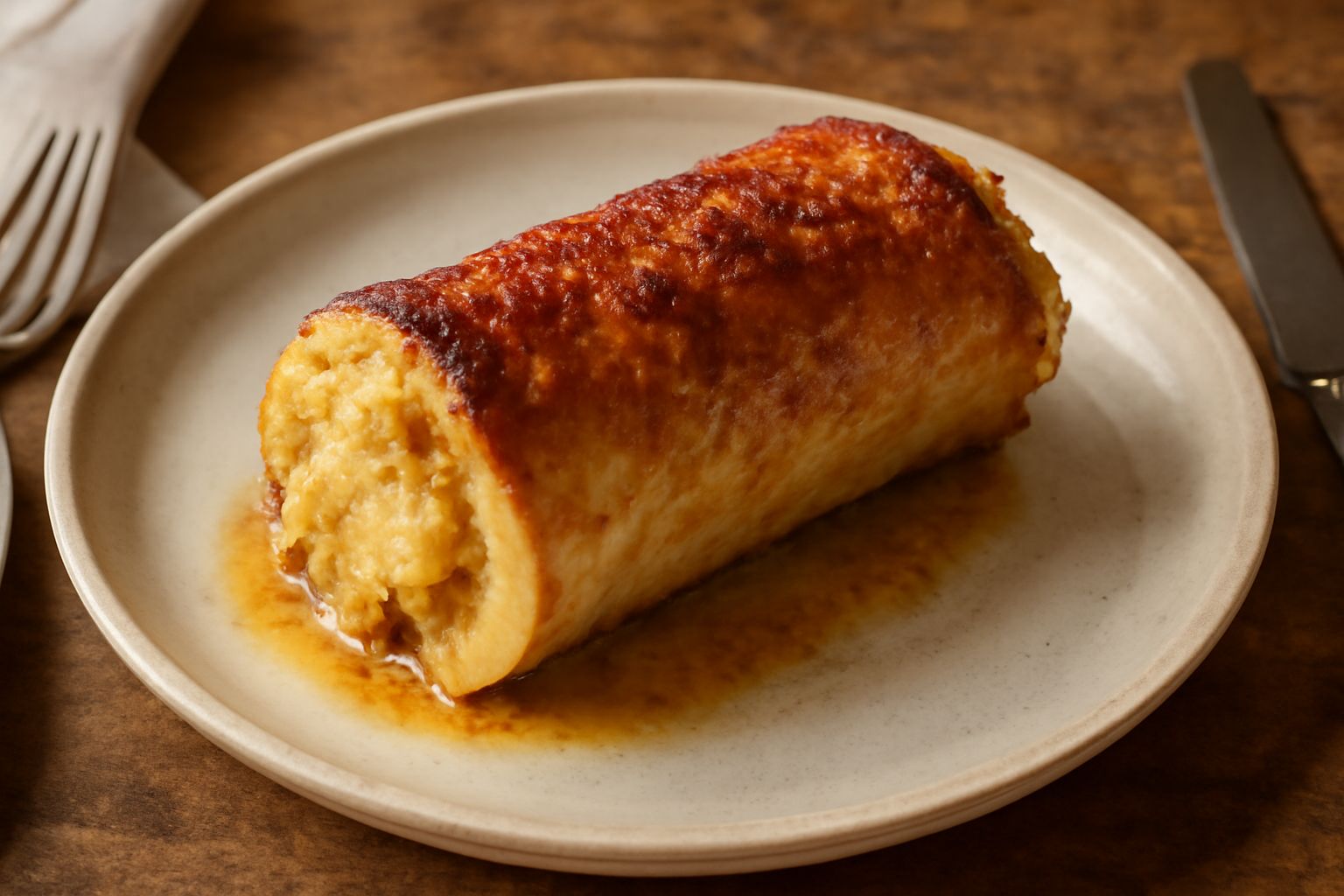 Osso di midolla ripieno appena cotto al forno, dorato in superficie, tagliato per mostrare il ripieno di carne macinata e pangrattato all'interno, su un piatto bianco con contorno di purea di verdure