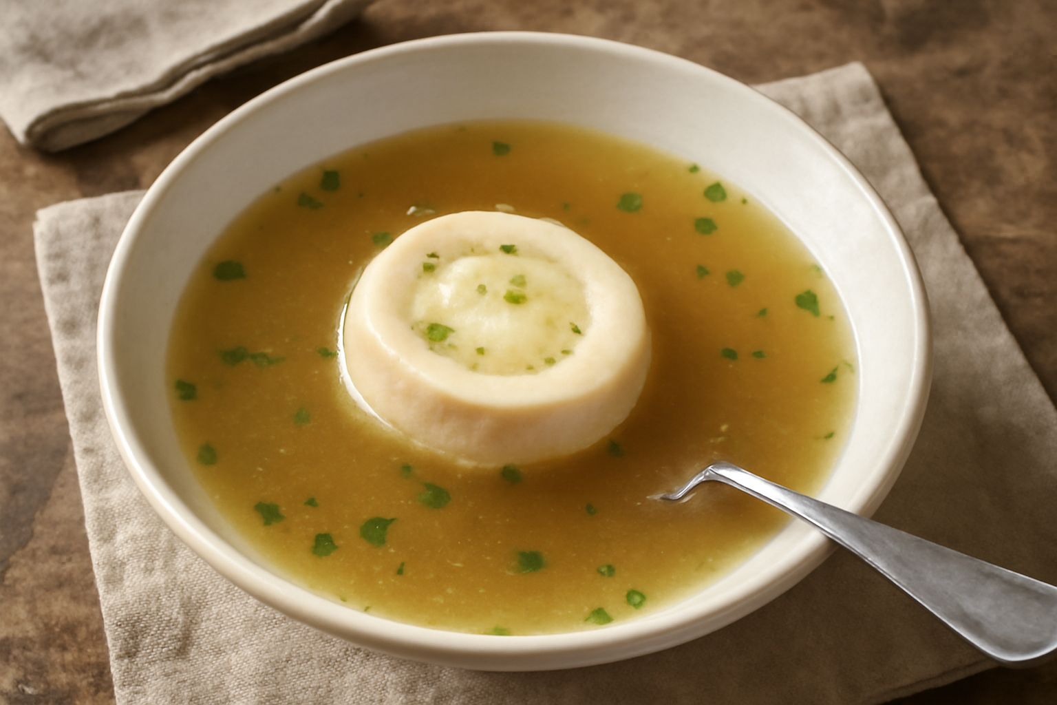 Ciotola di brodo dorato con midollo bianco cremoso galleggiante, pezzi di osso visibili, vapore che sale, contorno di riso bianco e cucchiaio di metallo in primo piano