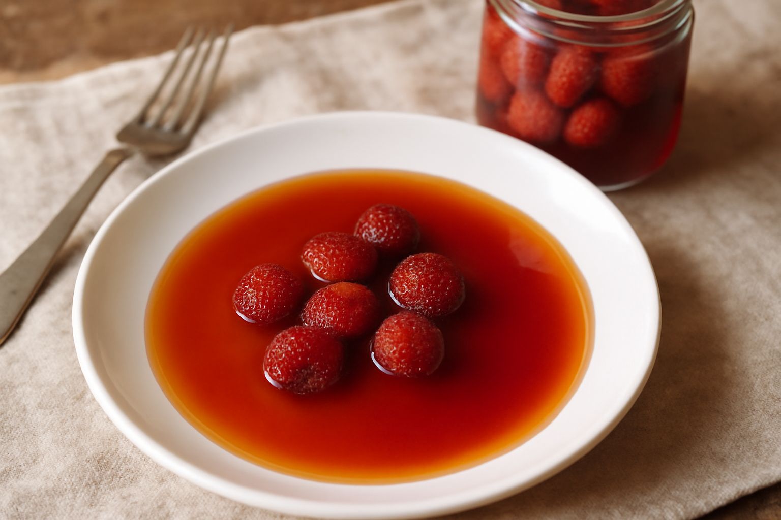 Barattolo di vetro con miele di corbezzoli fermentato color ambra scuro con sfumature rossastre, con alcuni corbezzoli interi visibili dentro il liquido trasparente, chiuso con coperchio in metallo, s