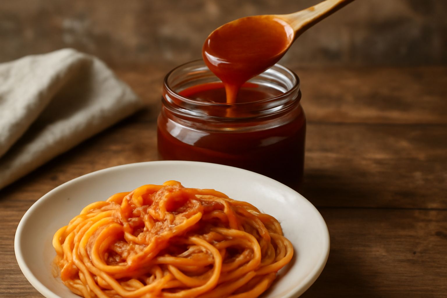 Vasetto di vetro con miele di corbezzolo color ambrato scuro, con cucchiaio di legno immerso, su sfondo di fiori bianchi di corbezzolo e foglie verdi scure