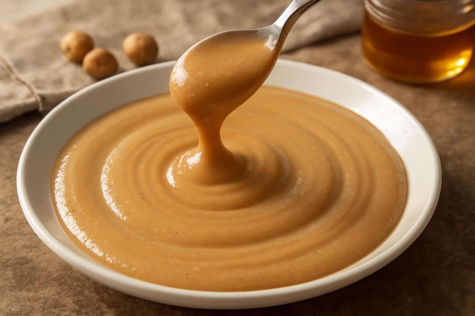 Crema di miele e nocciole color nocciola chiaro in un barattolo di vetro trasparente, con una cucchiaiata appena prelevata che mostra la consistenza densa e spalmabile, con miele che filtra dalla supe