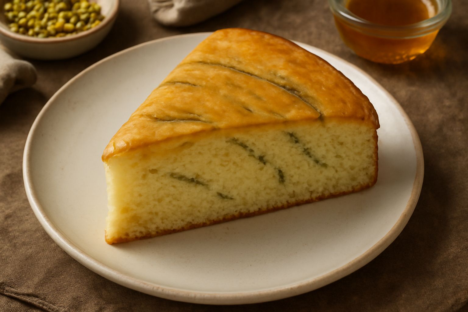 Torta rotonda a fette, color avorio con venature verdi dai granelli di pistacchio, glassa miele opaca in superficie, porzione tagliata che mostra l'interno soffice e umido, piatto bianco, sfondo neutr