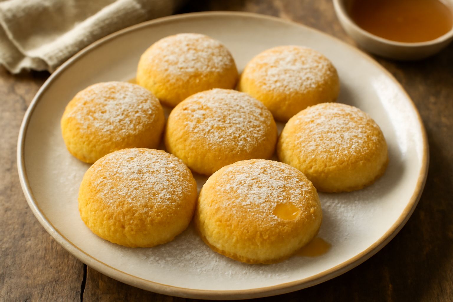 Dolci tondi e dorati a base di semola e miele, disposti su un piatto bianco, spolverati di zucchero a velo, con un bicchiere di latte a fianco
