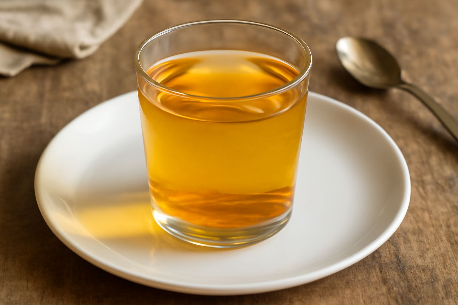 Bicchiere di vetro trasparente con bevanda color ambra chiaro, due cucchiai di miele liquido appoggiati sul bordo, filo di miele che goccia in acqua, sfondo bianco