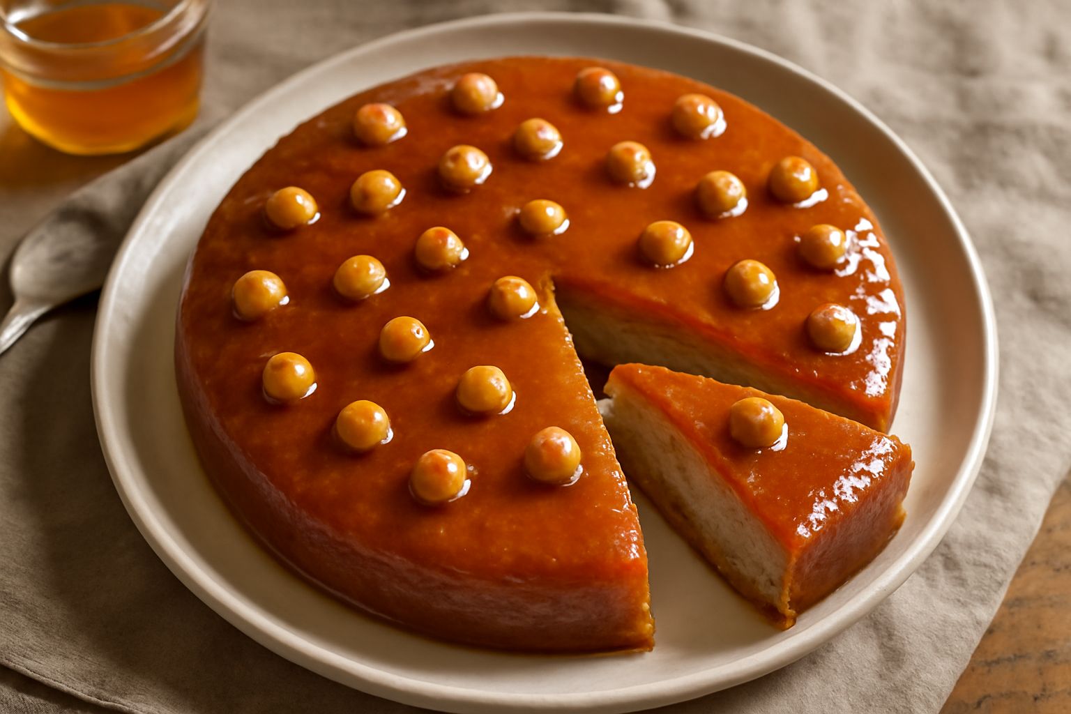 Torta tonda agli spicchi, color ambrato dorato, superficie liscia glassata, ricoperta di nocciole tostate intere, su piatto bianco con fondo grigio