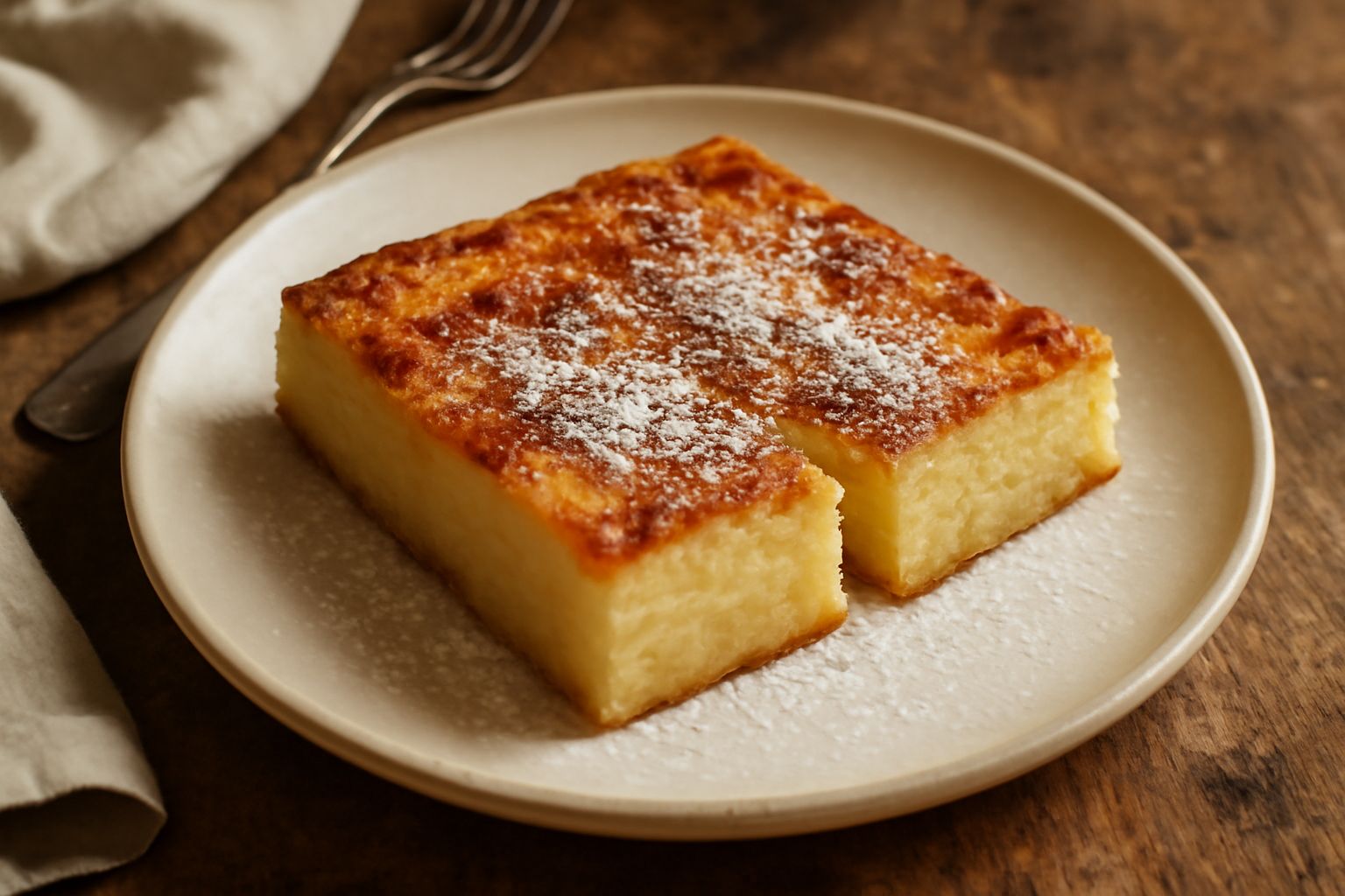 Un quadrato di migliaccio dorato servito su piatto bianco, con superficie liscia e lievemente caramellata, guarnito con zucchero semolato e buccia di arancia candita