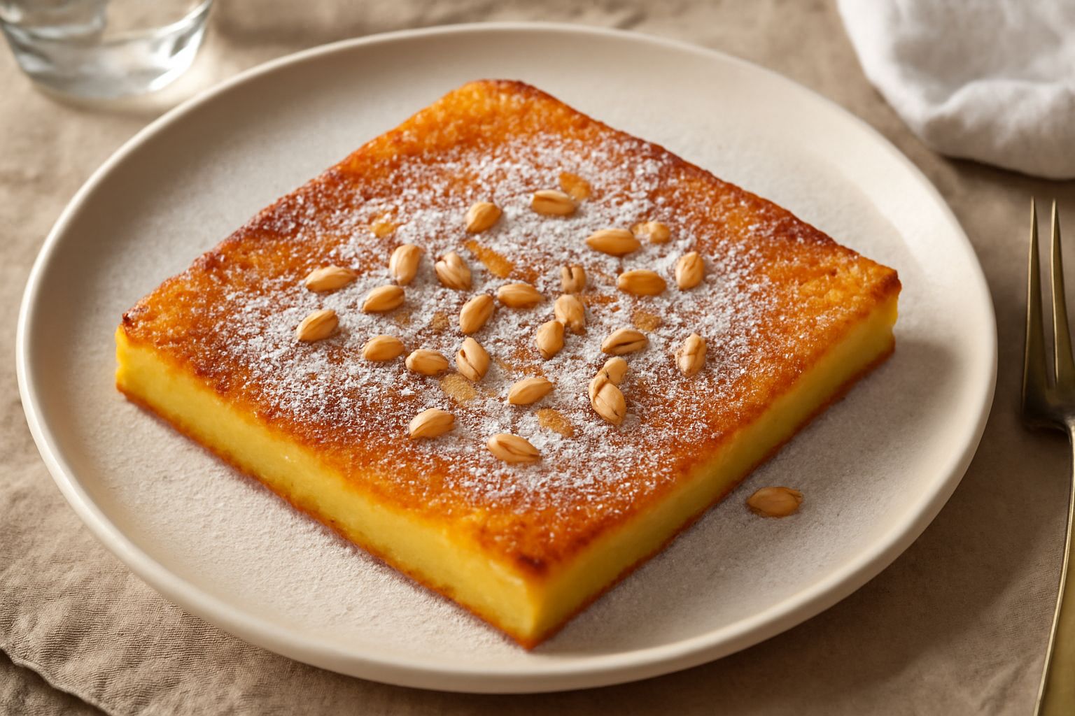 Tre migliacce dorate e croccanti su un piatto bianco, cosparse di zucchero a velo, con pinoli e canditi visibili sulla superficie, tagliate a losanga o rettangoli.