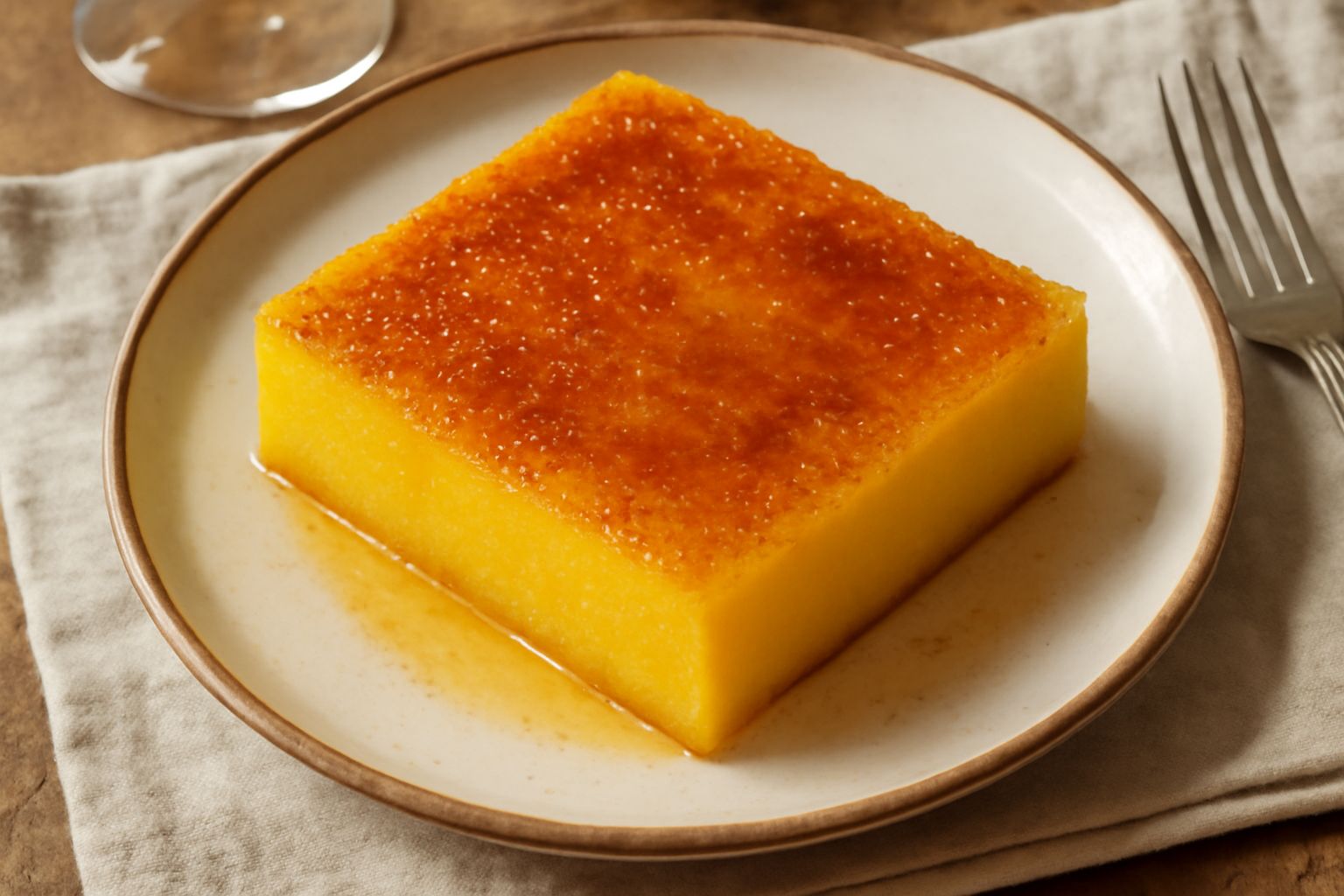 Una porzione di migliaccio cremoso giallo oro servito in piatto bianco, ricoperto di zucchero di canna e miele, con una cucchiaiata che mostra la consistenza morbida e compatta.
