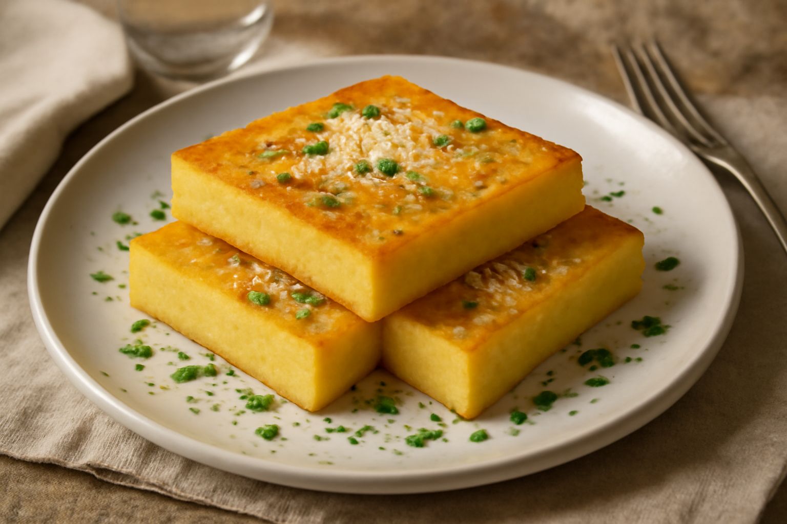 Un piatto bianco con migliaccio salato dorato in superficie, tagliato a fette rettangolari, guarnito con parmigiano grattugiato e prezzemolo tritato. Superficie leggermente lucida e densa, crosta dora