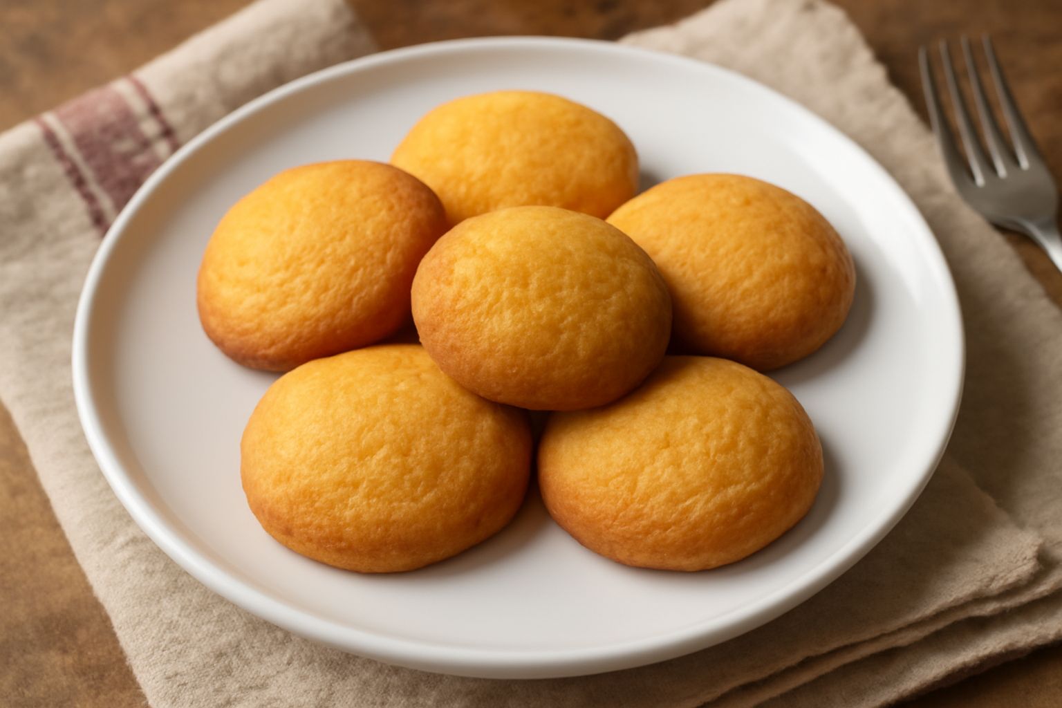 Una manciata di biscotti mignon ferraresi dal colore dorato acceso, forma rotonda e schiacciata, impilati su un piatto bianco di porcellana, con una tazza di caffè sfocata sullo sfondo