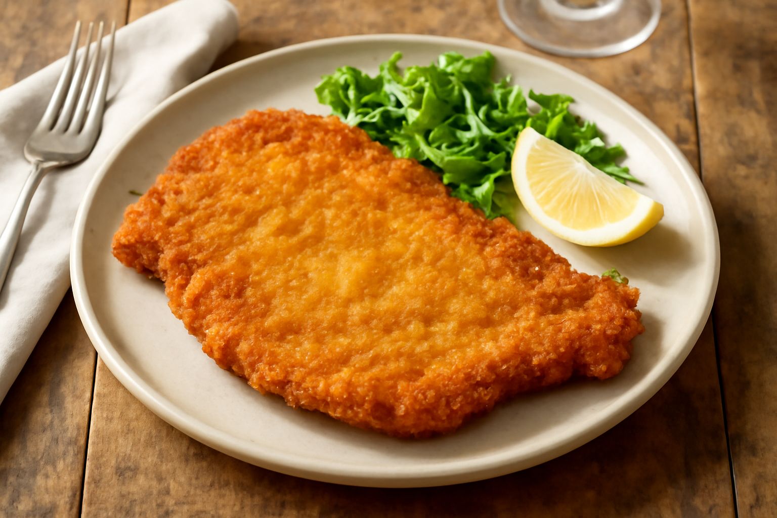 Cotoletta alla milanese dorata su un piatto bianco, circondata da fette di limone fresco, panatura croccante e visibile, accanto a un contorno di verdure grigie