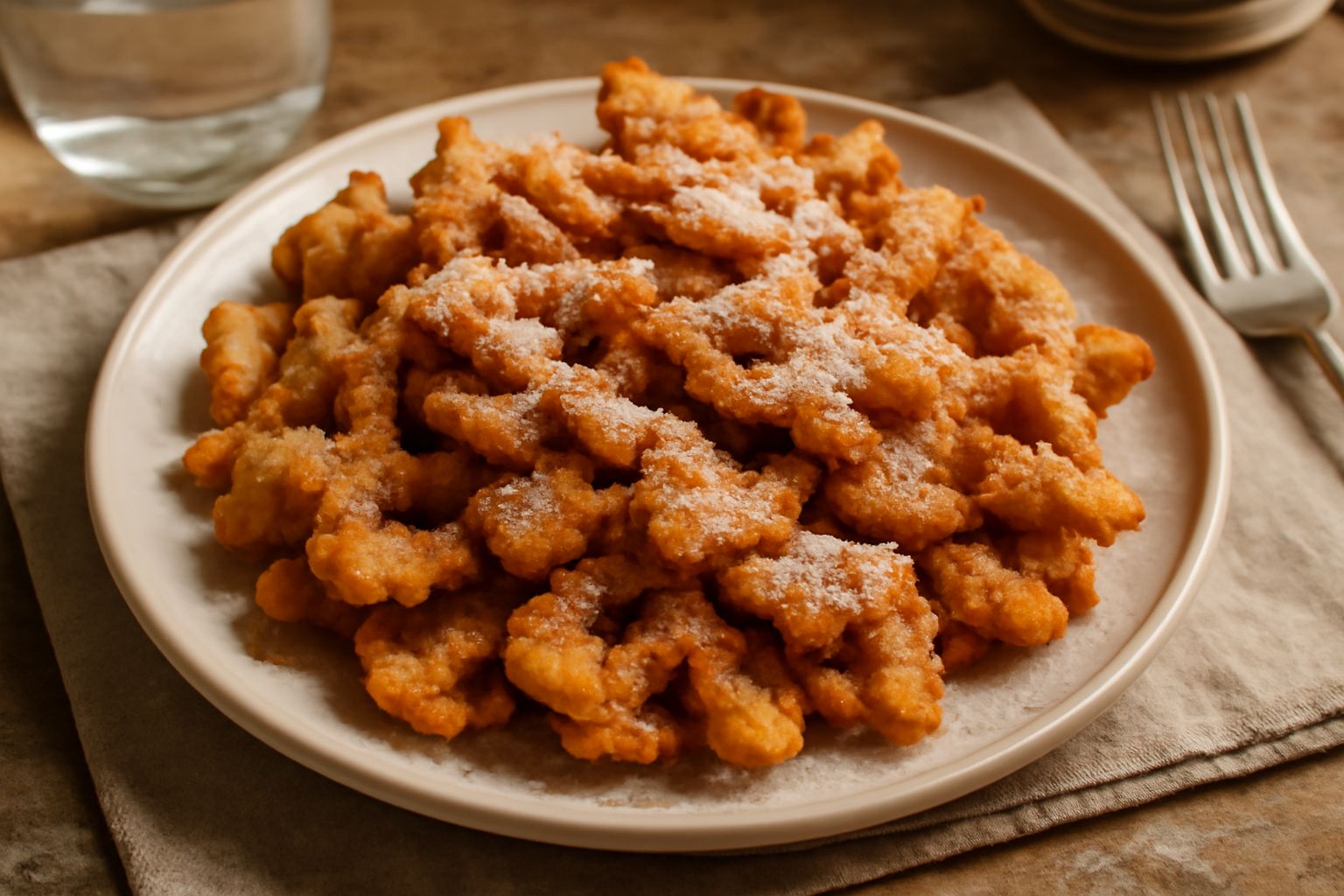 Miliccas dorati e croccanti disposti su un piatto bianco, ricoperti di zucchero semolato, con sfondo sfocato di cucina rustica